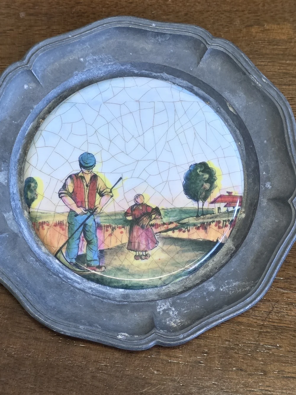 Vintage Pewter Folk Art Wall Plaques Set of 4 Peasant Farm Scenes Cottage Decor